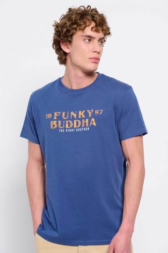 Funky Buddha ανδρικό βαμβακερό T-shirt με contrast fainted logo print μπροστά - FBM007-367-04 Μπλε M
